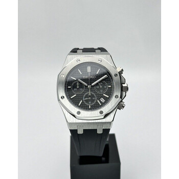 Custom Seiko Mod • Black Quartz Chronograph Silver AP on Rubber Strap • 42mm